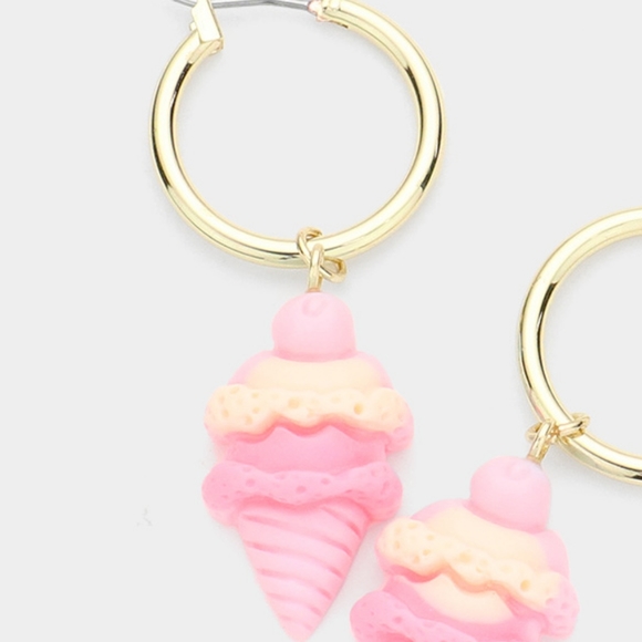 Pink Ice Cream Cone Gold Fun Dangle Earrings Cute - Picture 2 of 2